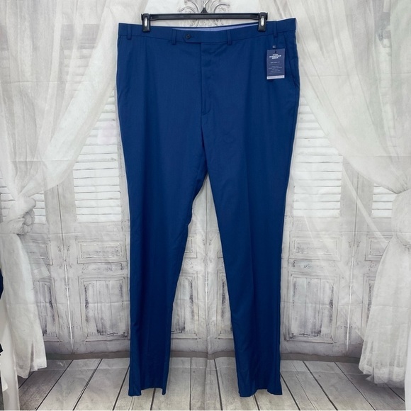 NWT Hart Schaffer Marx Size 44 Reg Blue New York Straight Flat Wool Dress Pants - Picture 1 of 10